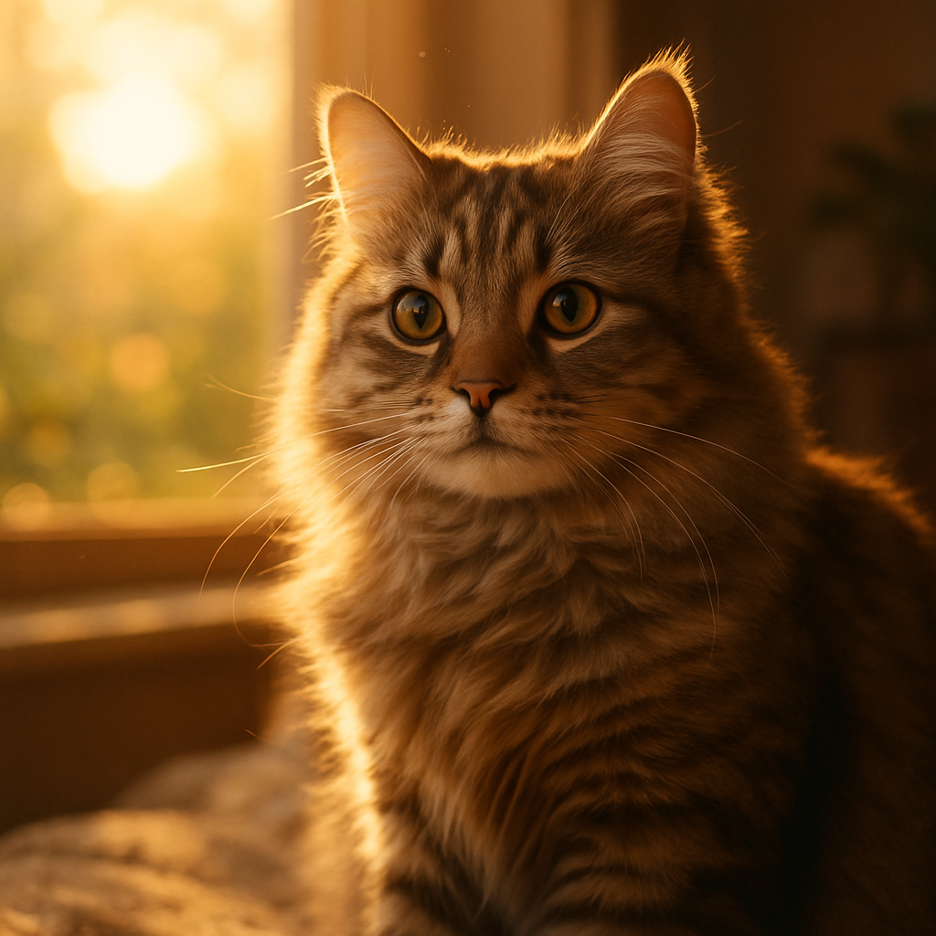 A fluffy tabby cat enjoying a sunny garden.