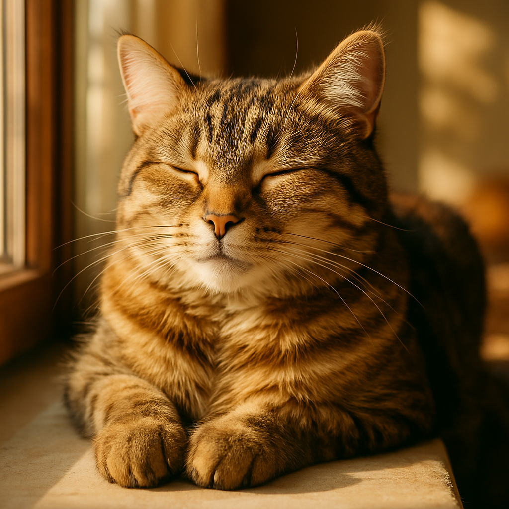 Tabby cat lounging on a sunny windowsill, eyes closed.