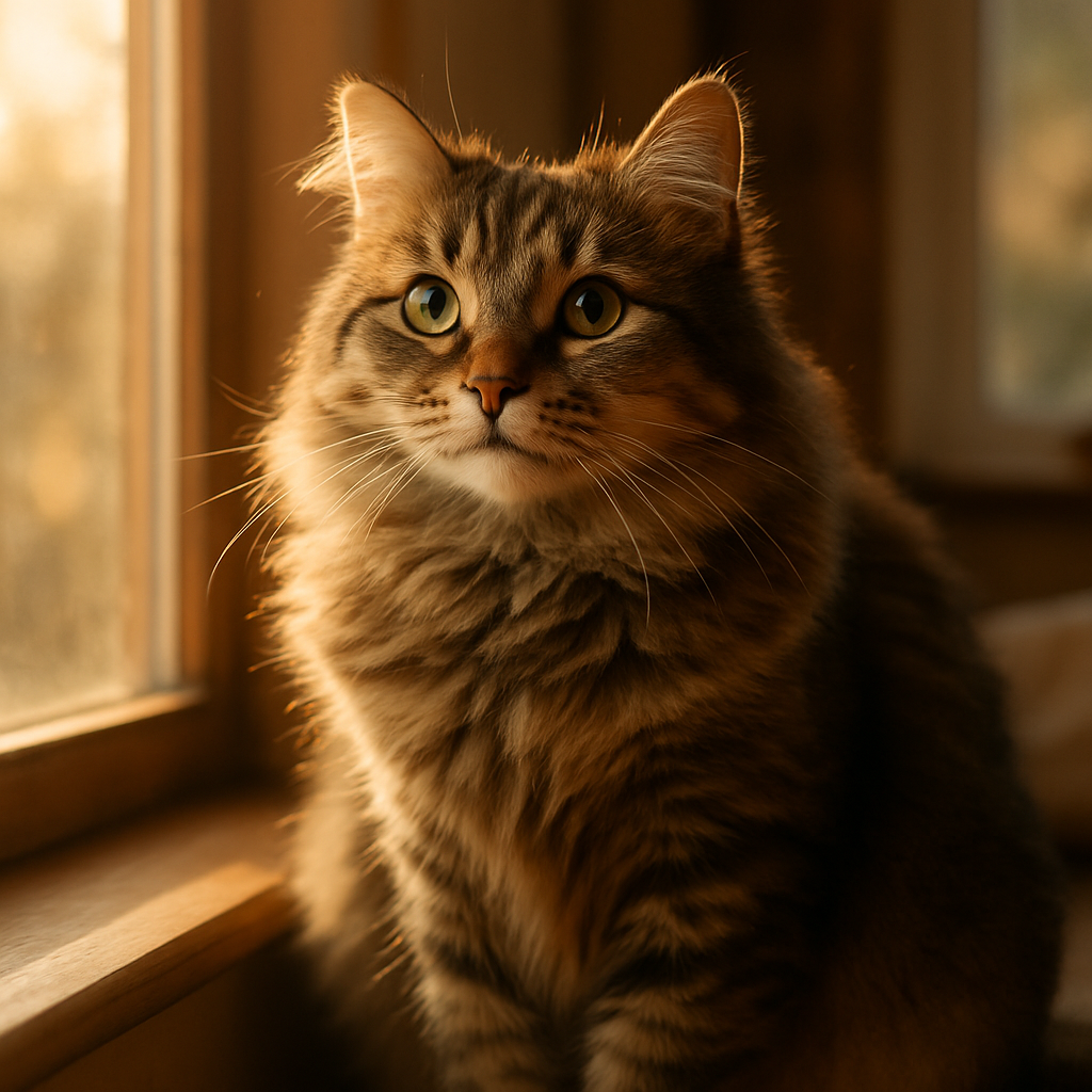 A fluffy tabby cat sitting on a sunny window ledge.