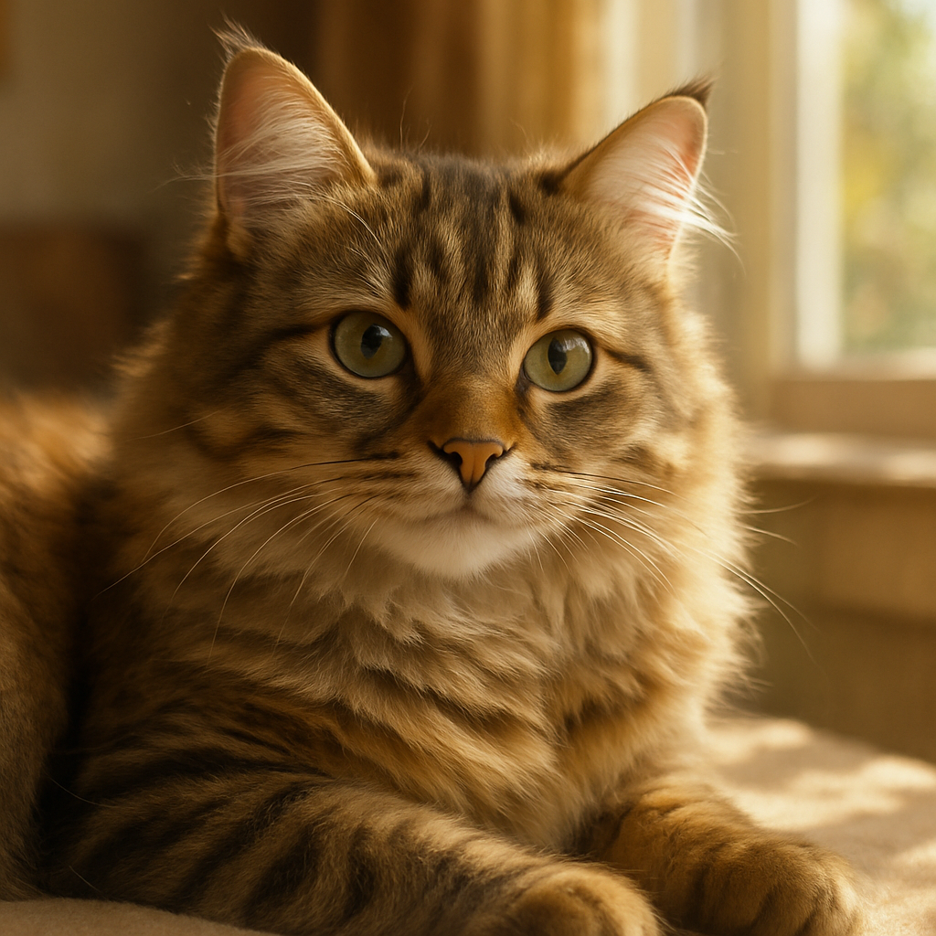 A fluffy tabby cat napping on a sunny windowsill.
