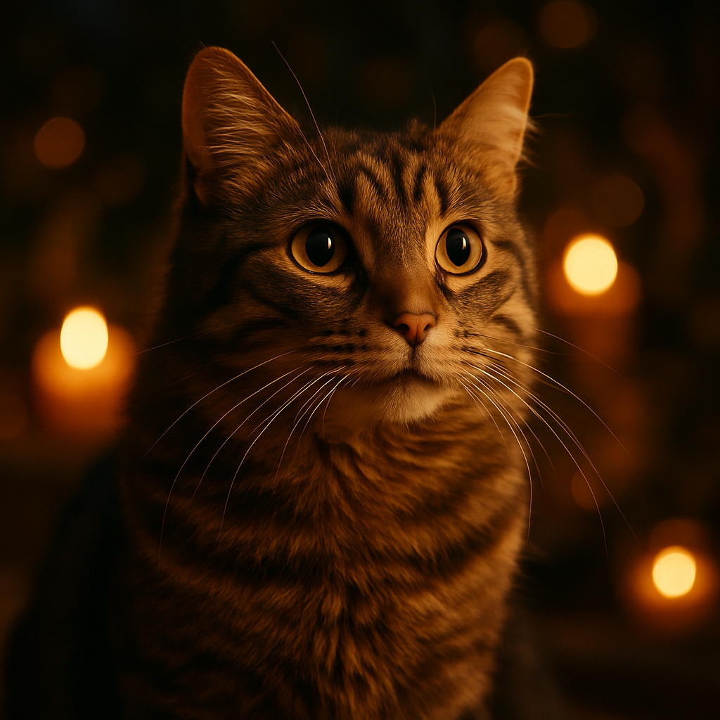 A tabby cat exploring a moonlit garden
