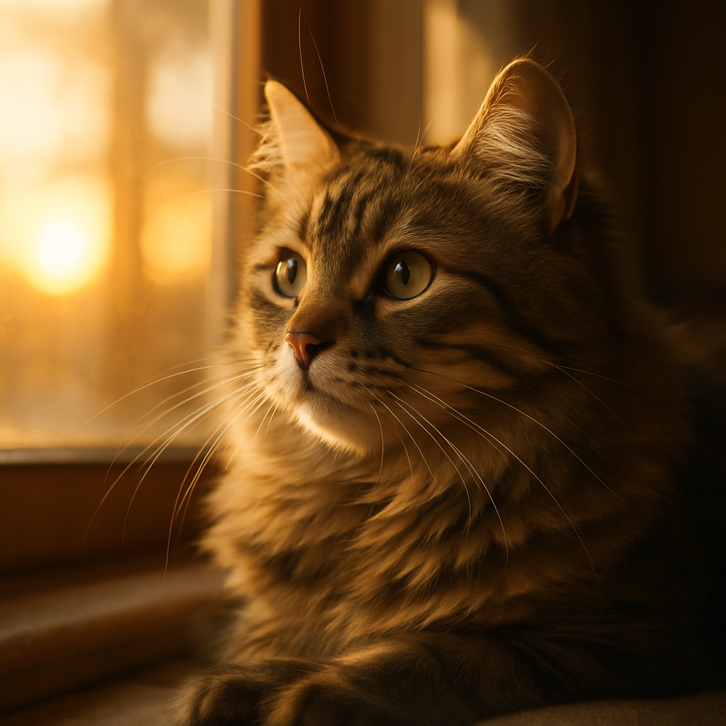 Tabby cat gazing out a window at sunrise