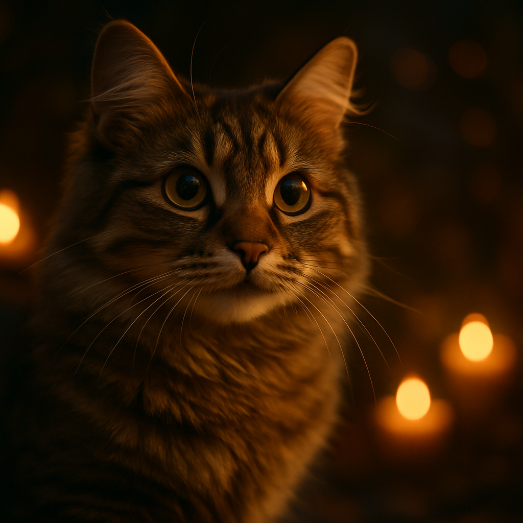 A tabby cat exploring a moonlit garden