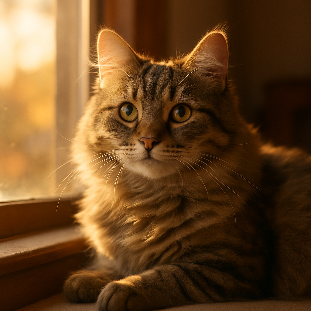 A tabby cat basking in morning sunlight on a windowsill.