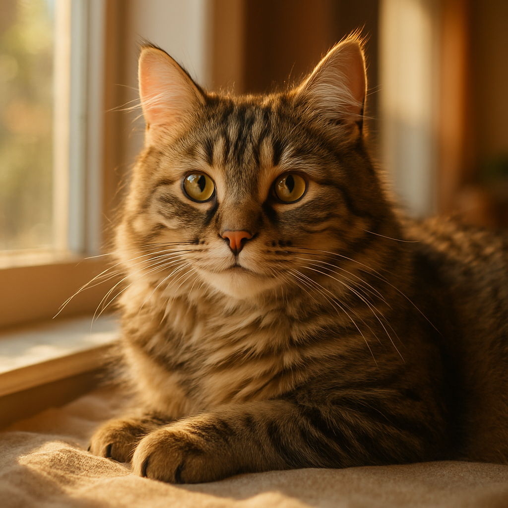 Tabby cat napping on a sunny windowsill