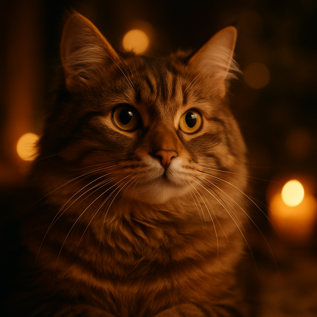 Whiskers exploring a moonlit garden.