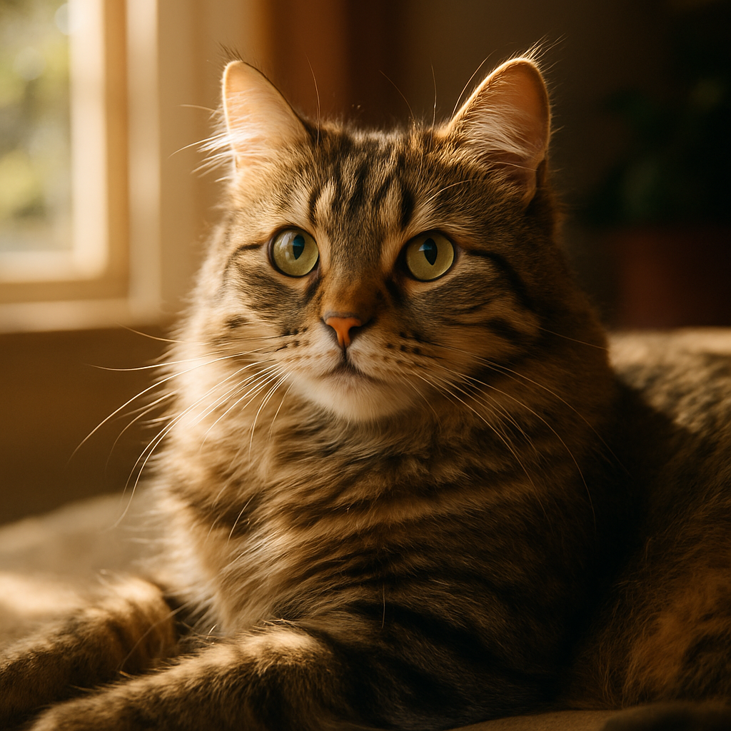 Tabby cat lounging in a sunny window