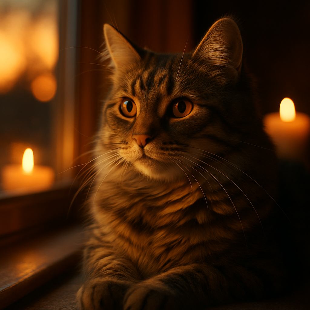A tabby cat sitting on a windowsill, watching the sunset.