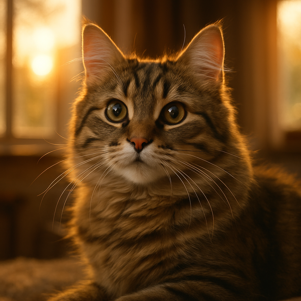 A curious tabby cat exploring a sunny morning room.