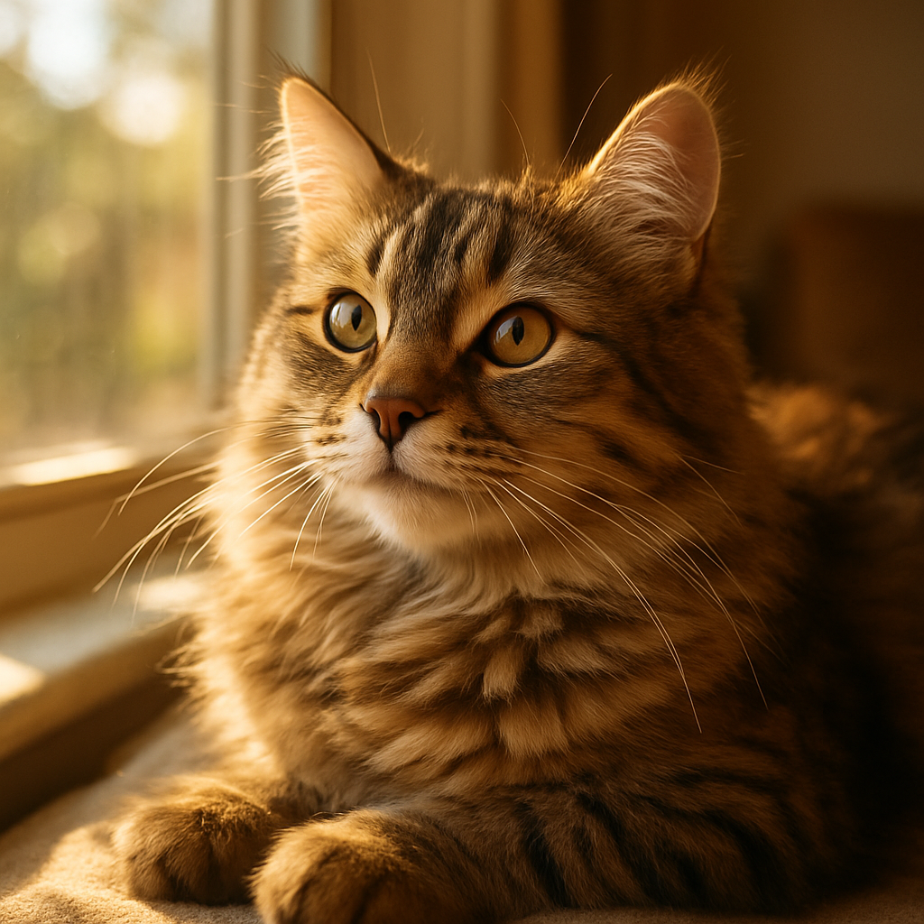 Fluffy tabby cat sunbathing near a window