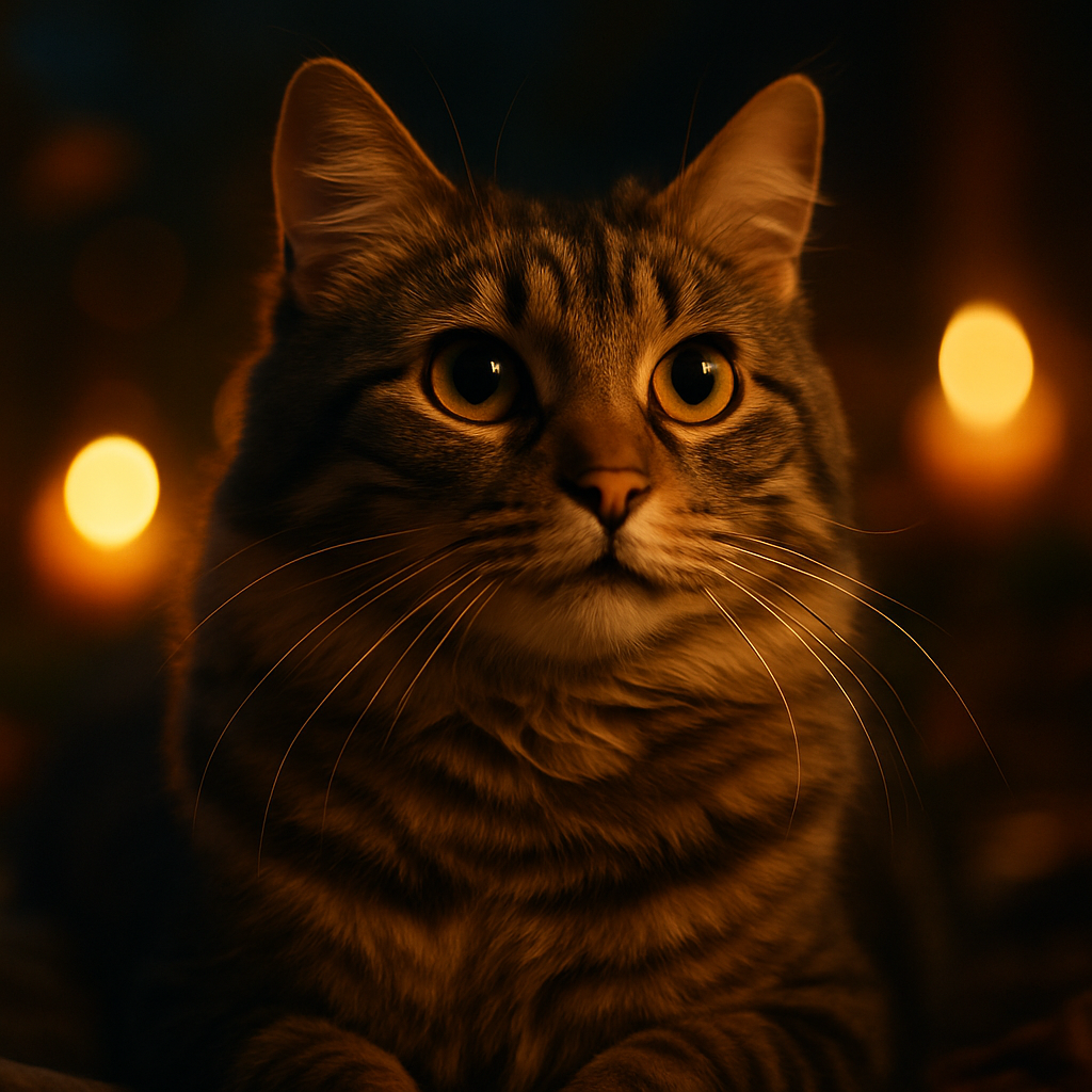 A tabby cat exploring a moonlit garden