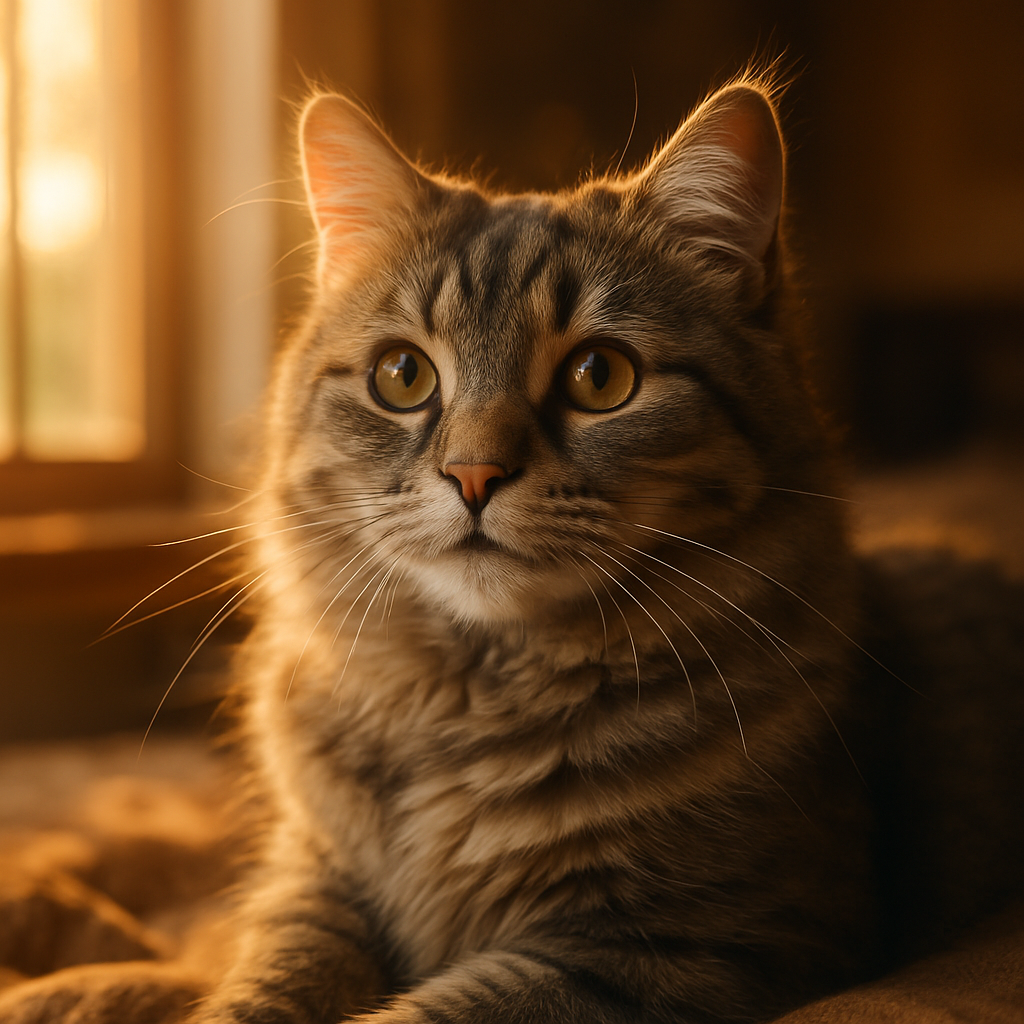 A curious gray tabby cat basking in morning sunlight.