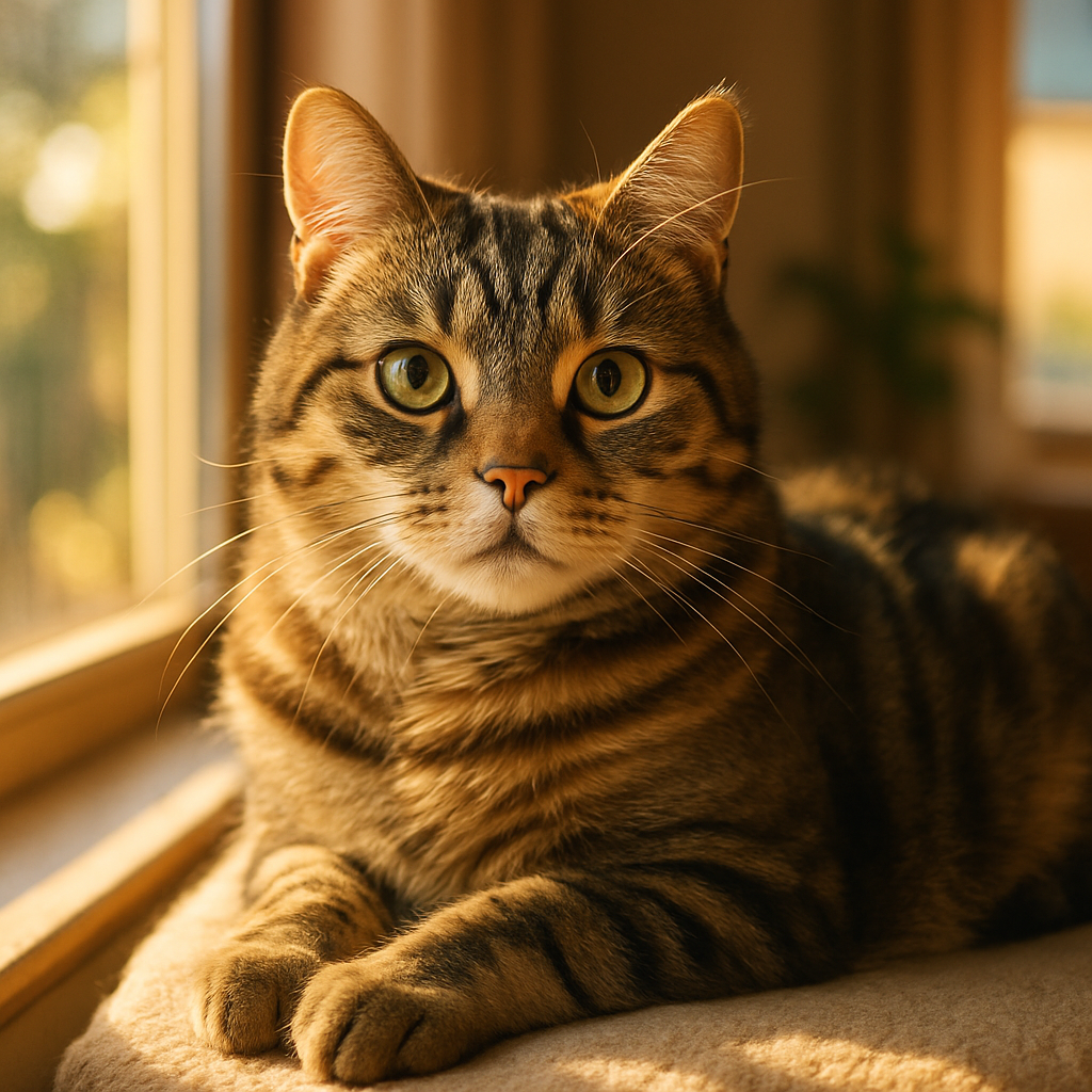 Milo the tabby cat basking in the sun on a window perch