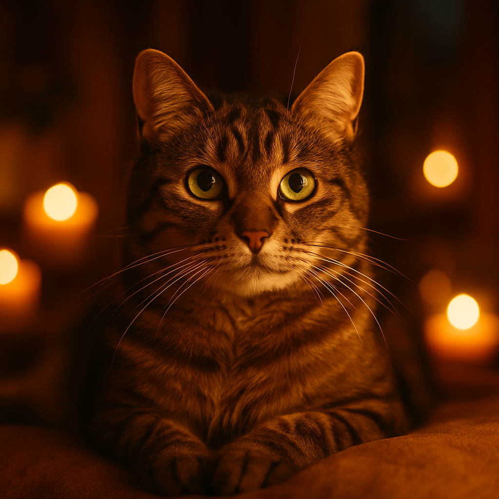 A tabby cat with green eyes basking in the evening sun.