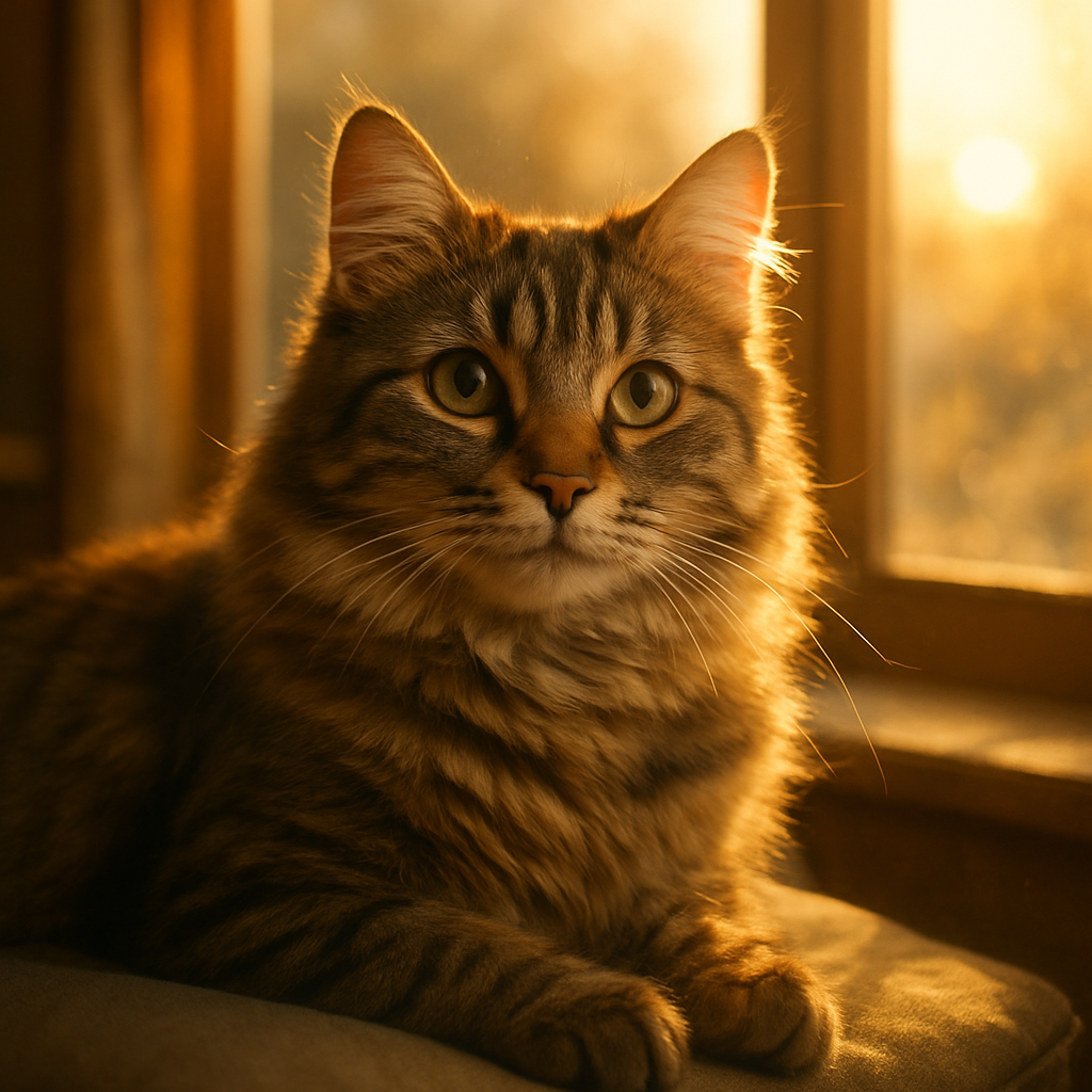 A tabby cat basking in the morning sun on a windowsill