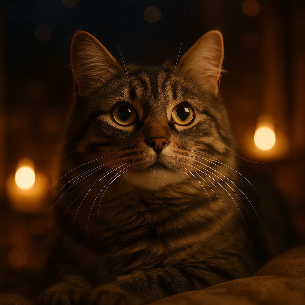Whiskers the tabby cat under a starlit sky