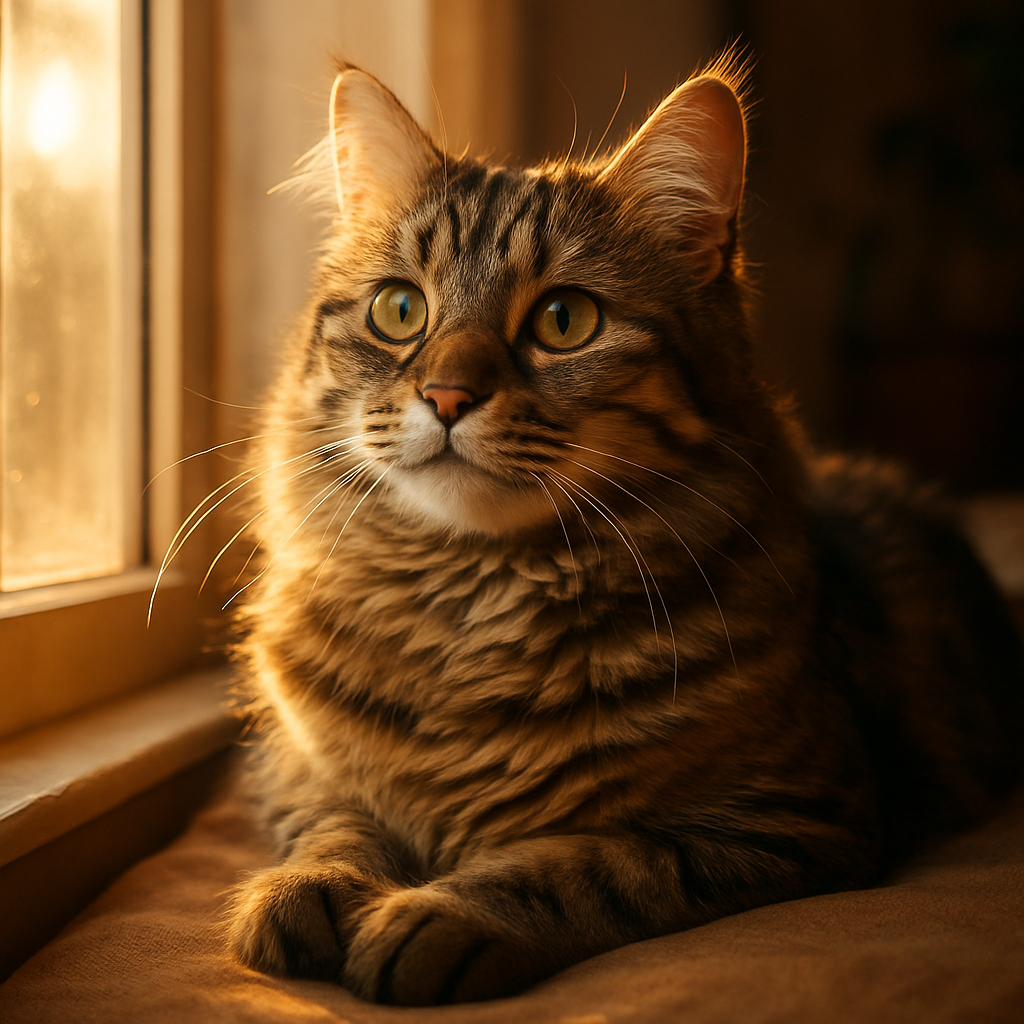 A tabby cat basking in morning sunlight on a windowsill.