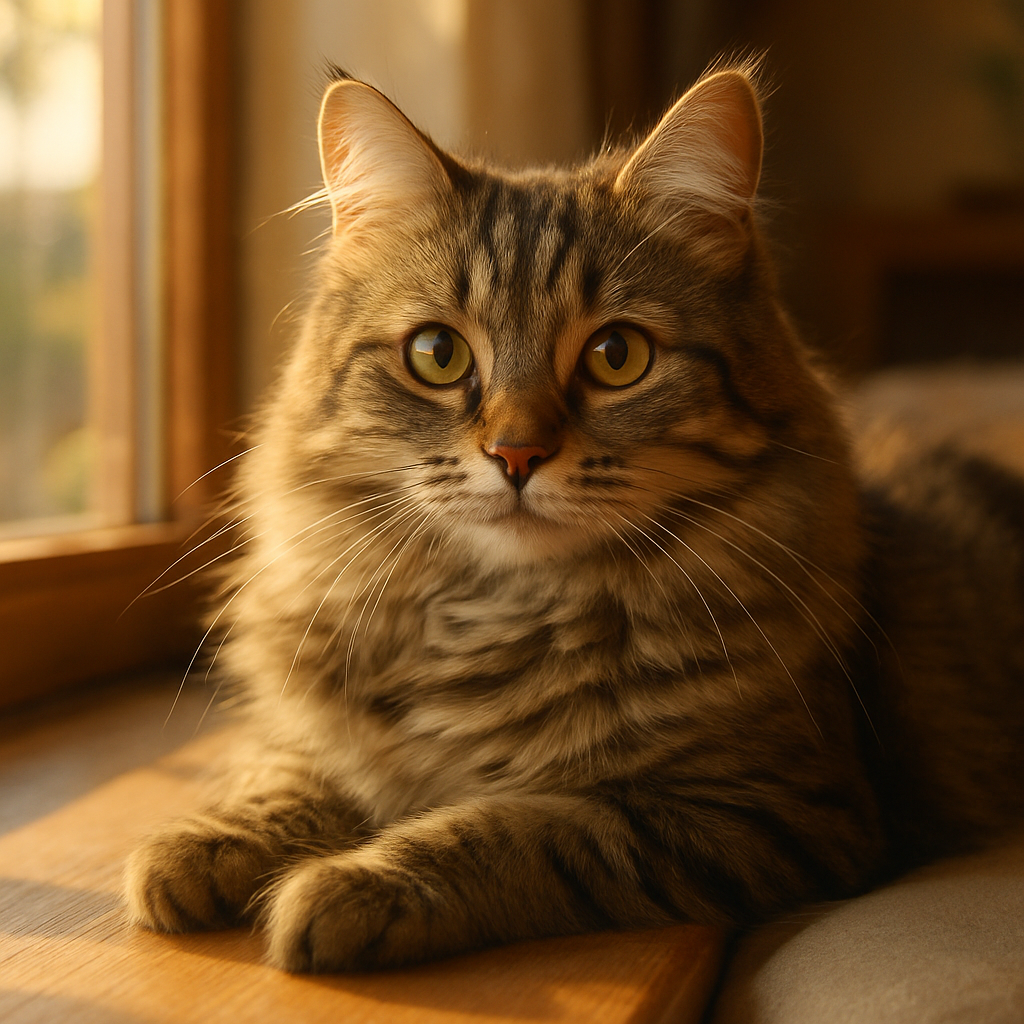 A tabby cat lounging on a sunny windowsill.