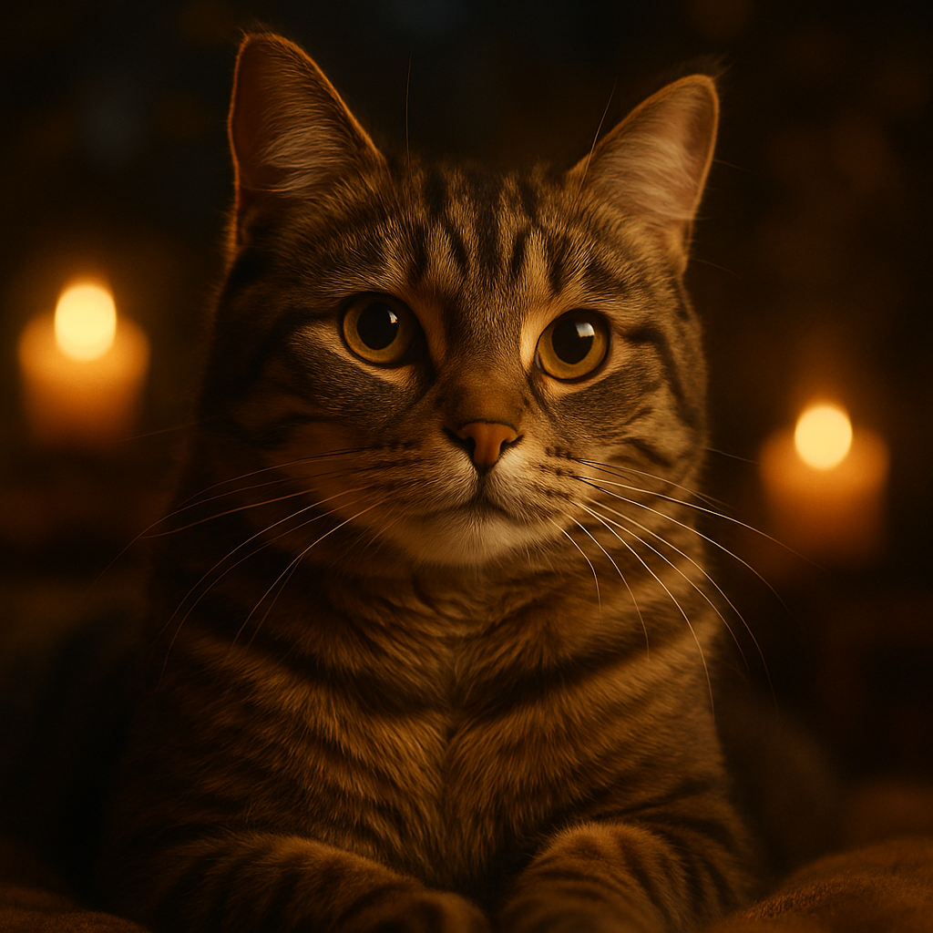 A tabby cat under the moonlit sky in a garden