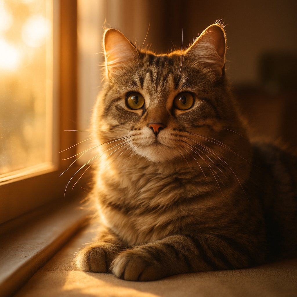 A tabby cat basking in the morning sun on a windowsill