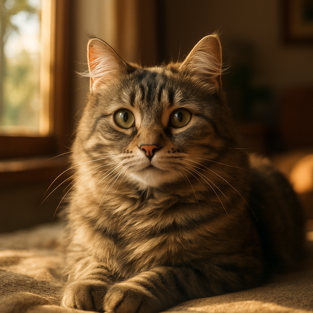 Gray tabby cat basking in the sun by a window.