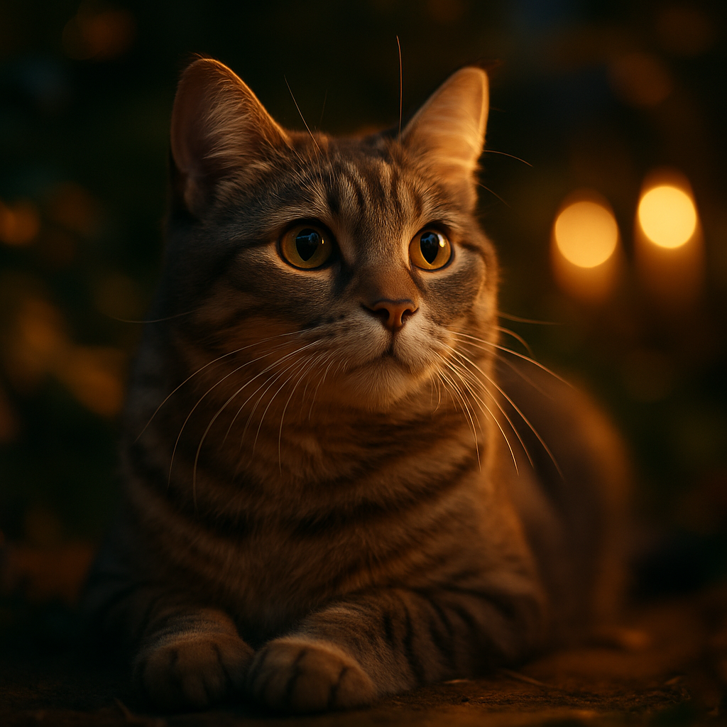 A tabby cat exploring a garden at dusk.