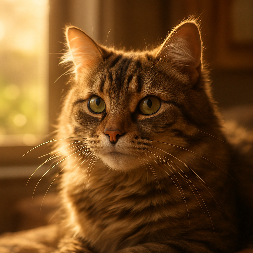 Whiskers the tabby cat enjoying a sunny morning in the garden.