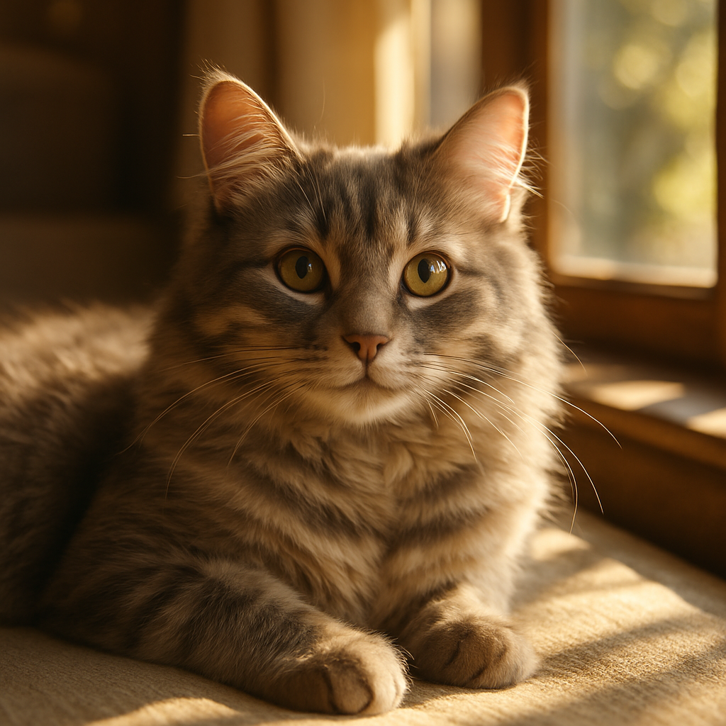 Gray cat lounging in a sunny window