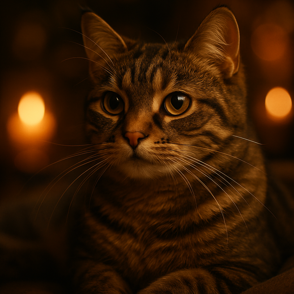 Whiskers, the tabby cat, exploring a moonlit garden.
