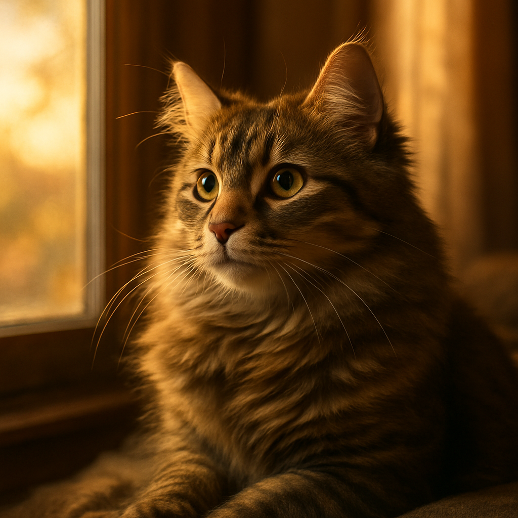 A fluffy tabby cat gazing outside a window.