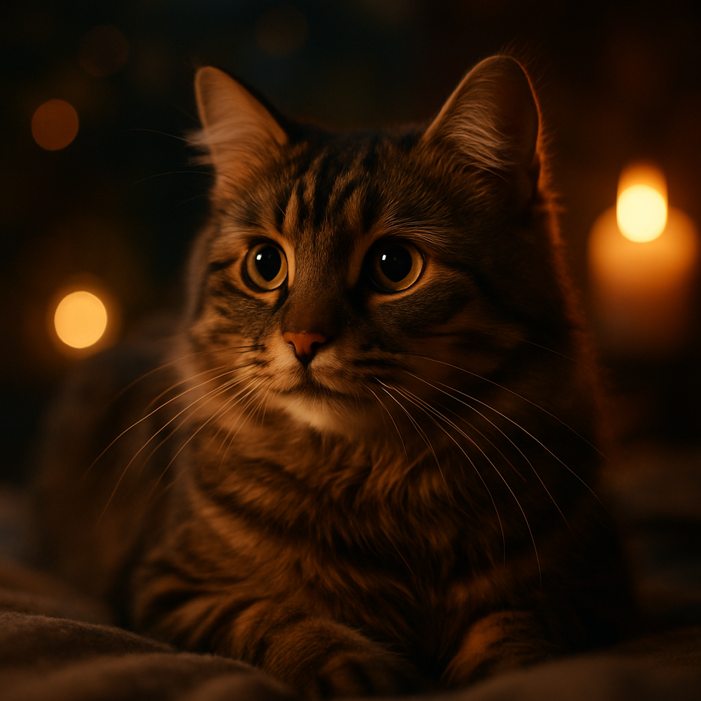 A tabby cat exploring a moonlit garden