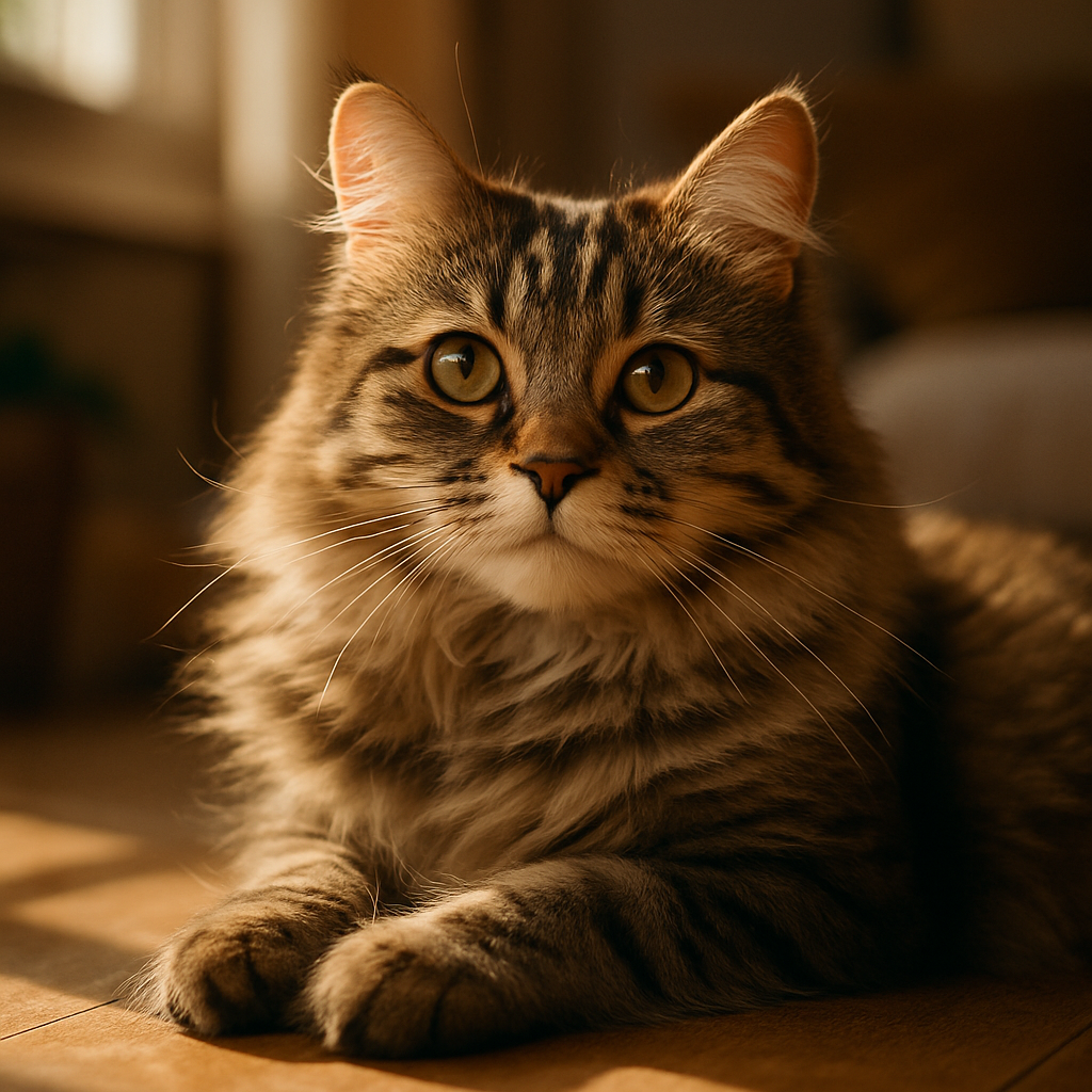 A fluffy tabby cat lounging in a sunbeam.
