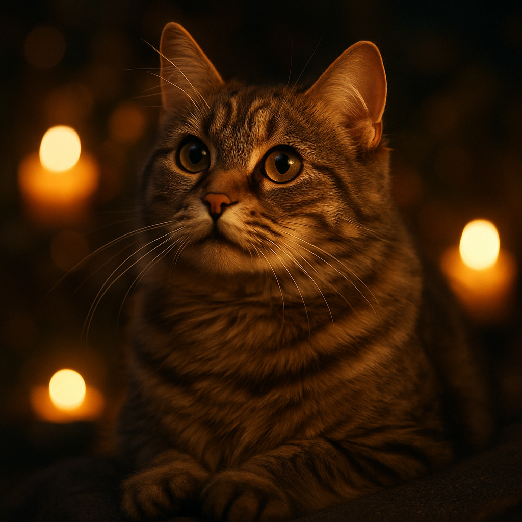 A tabby cat exploring a moonlit garden