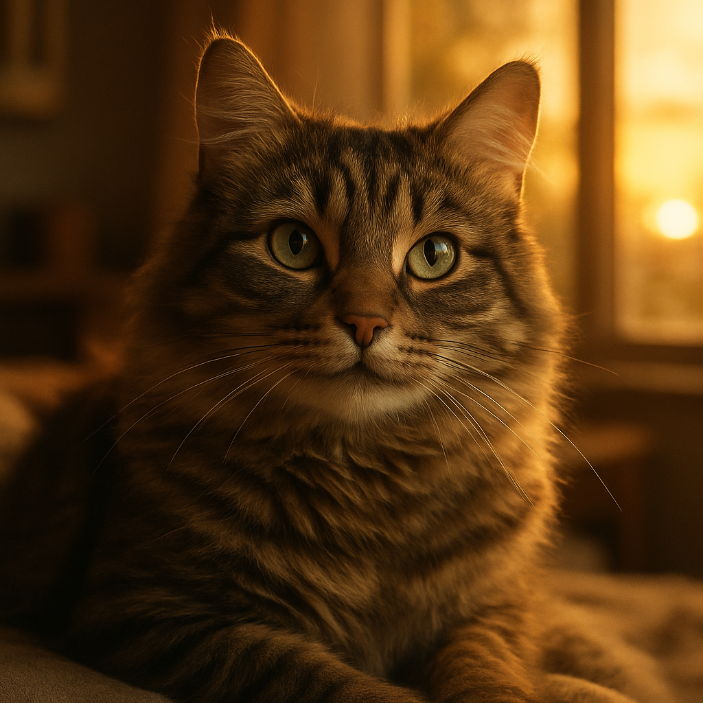 A tabby cat with green eyes enjoys his morning routine.