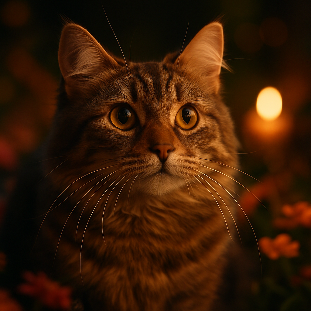 A curious tabby cat exploring a flower garden at twilight