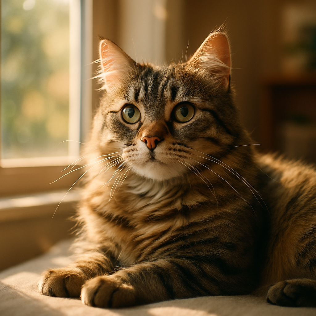 A tabby cat lounging in a sunny window spot