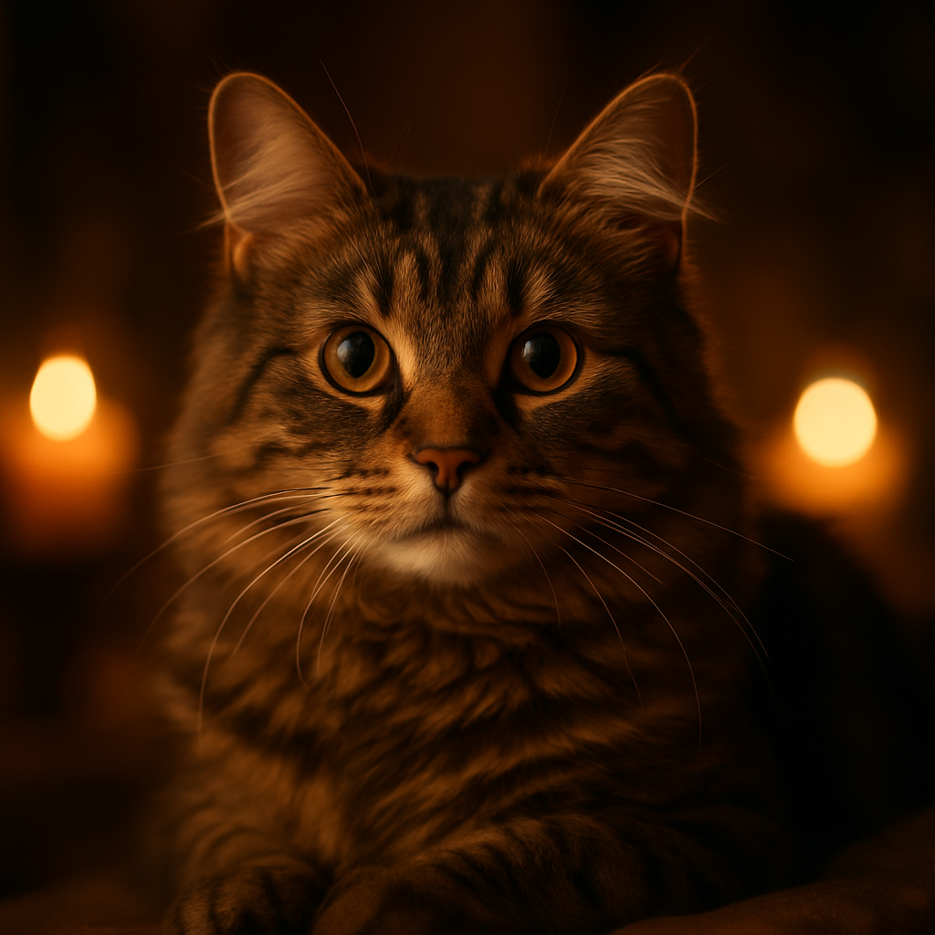 A curious tabby cat exploring a moonlit garden.