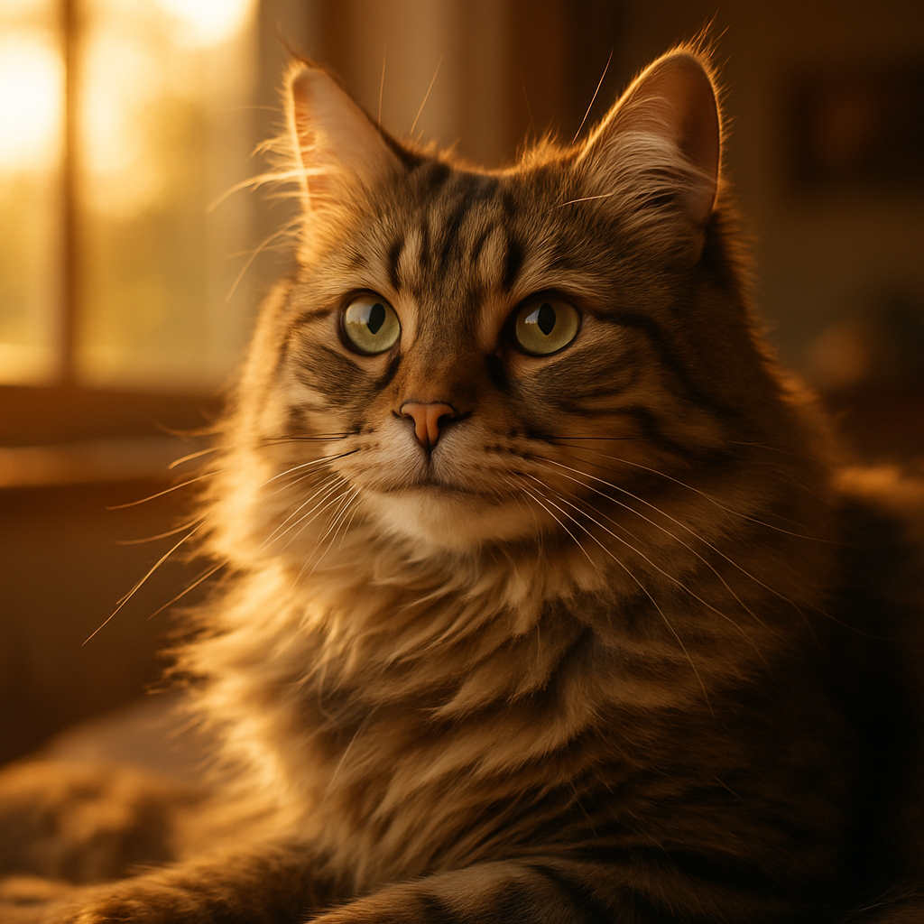 A fluffy tabby cat with green eyes basking in morning sunlight