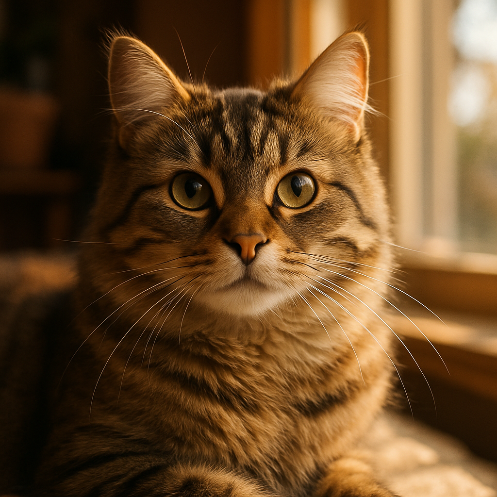 Whiskers the tabby cat enjoying a sunny window perch.