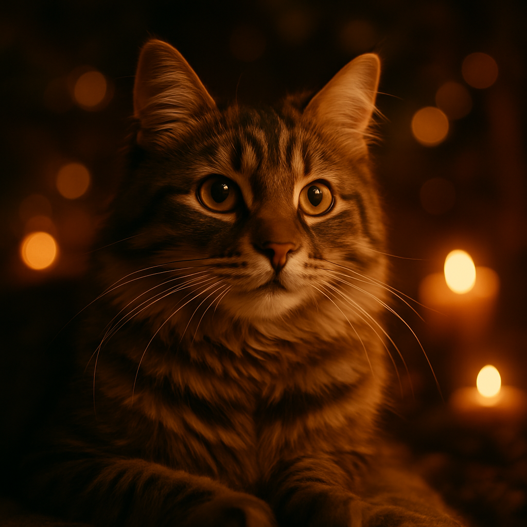 Tabby cat exploring a moonlit garden