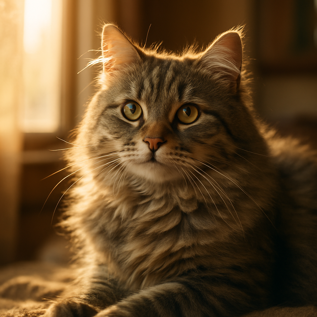 A fluffy grey tabby cat basking in morning sunlight.
