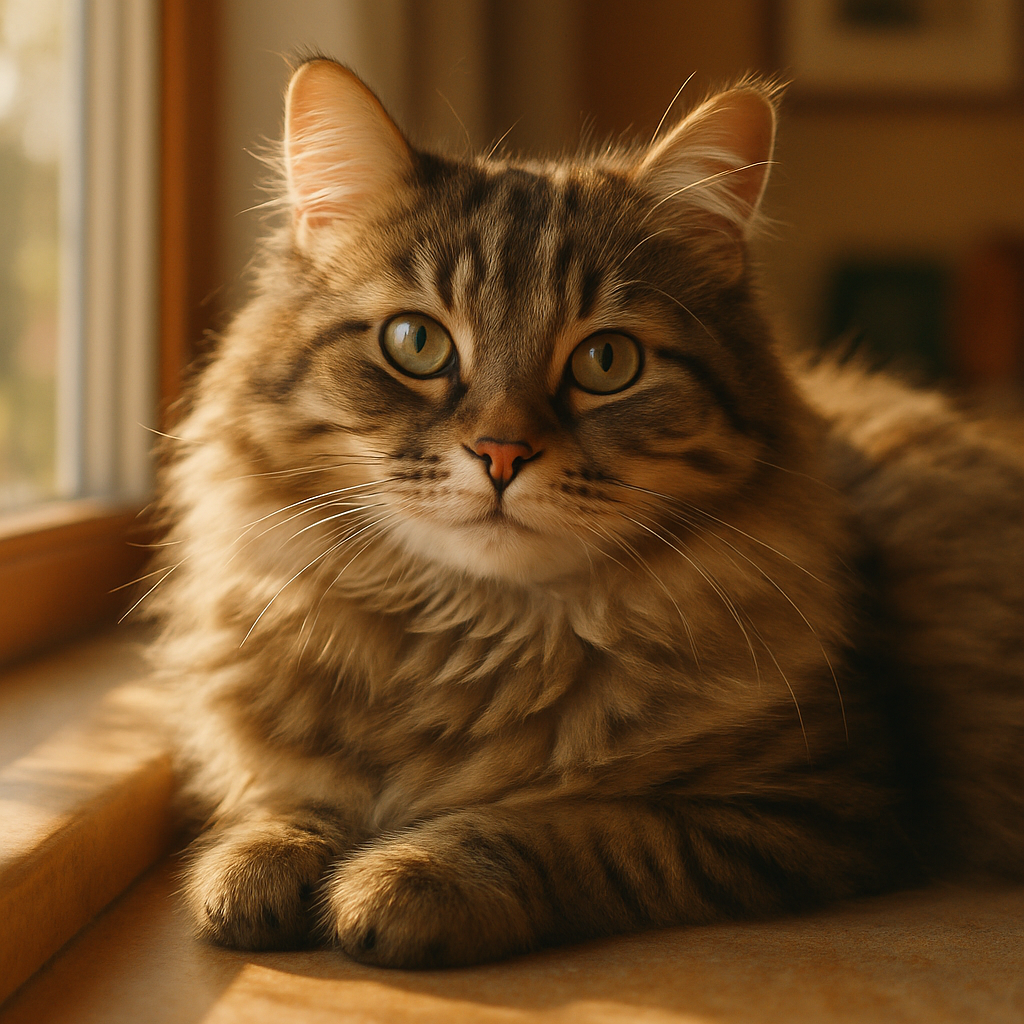 Fluffy tabby cat napping on a sunny windowsill