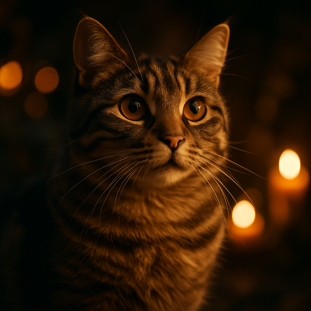 Whiskers the tabby cat exploring a twilight garden