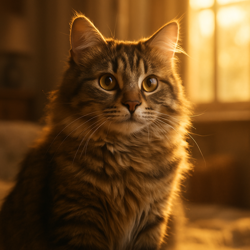 A curious tabby cat basking in morning sunlight.