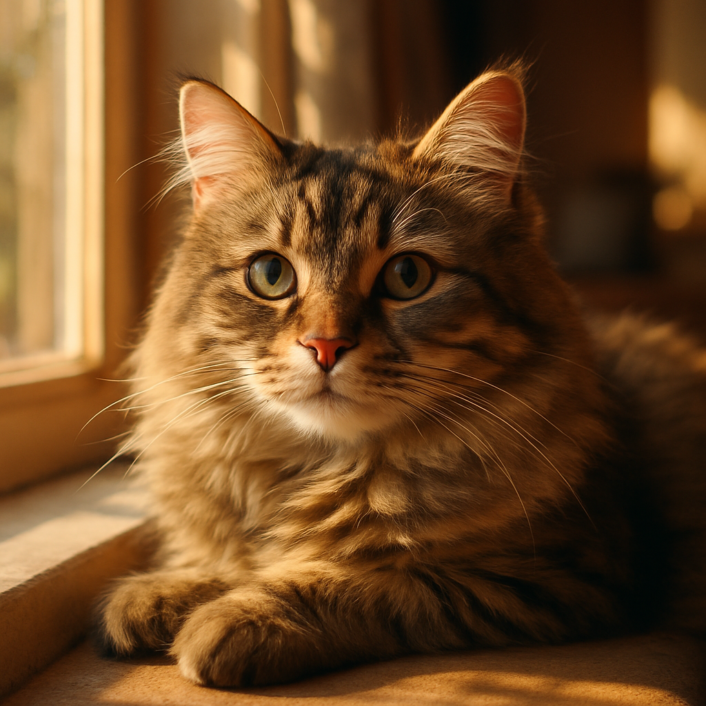 A fluffy tabby cat napping on a sunny windowsill