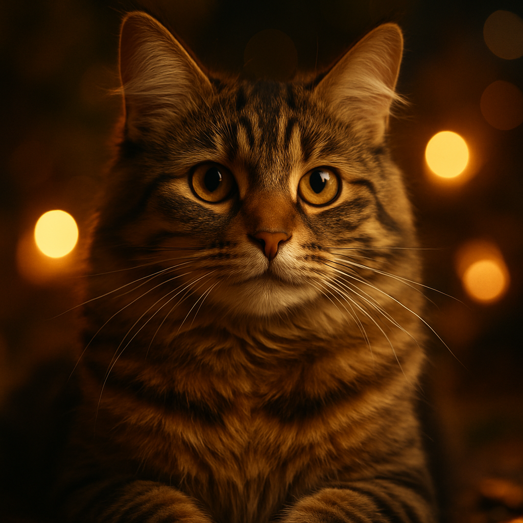A tabby cat with autumn leaf-like fur exploring the garden at night