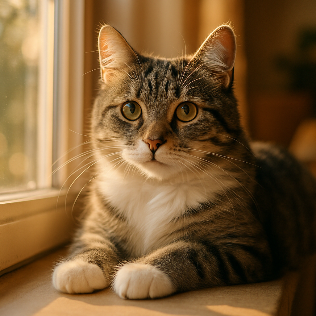 A gray tabby cat with white paws lounging on a sunny windowsill