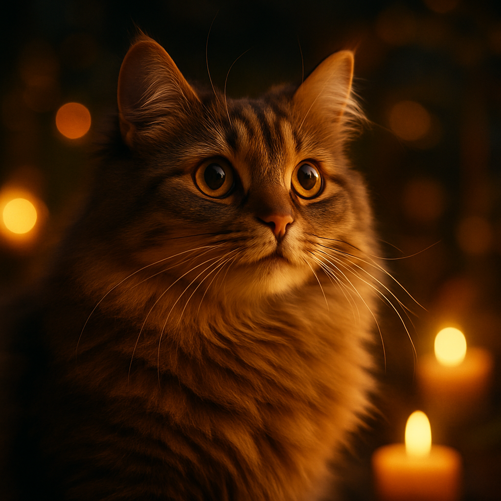 A fluffy cat exploring a moonlit garden.