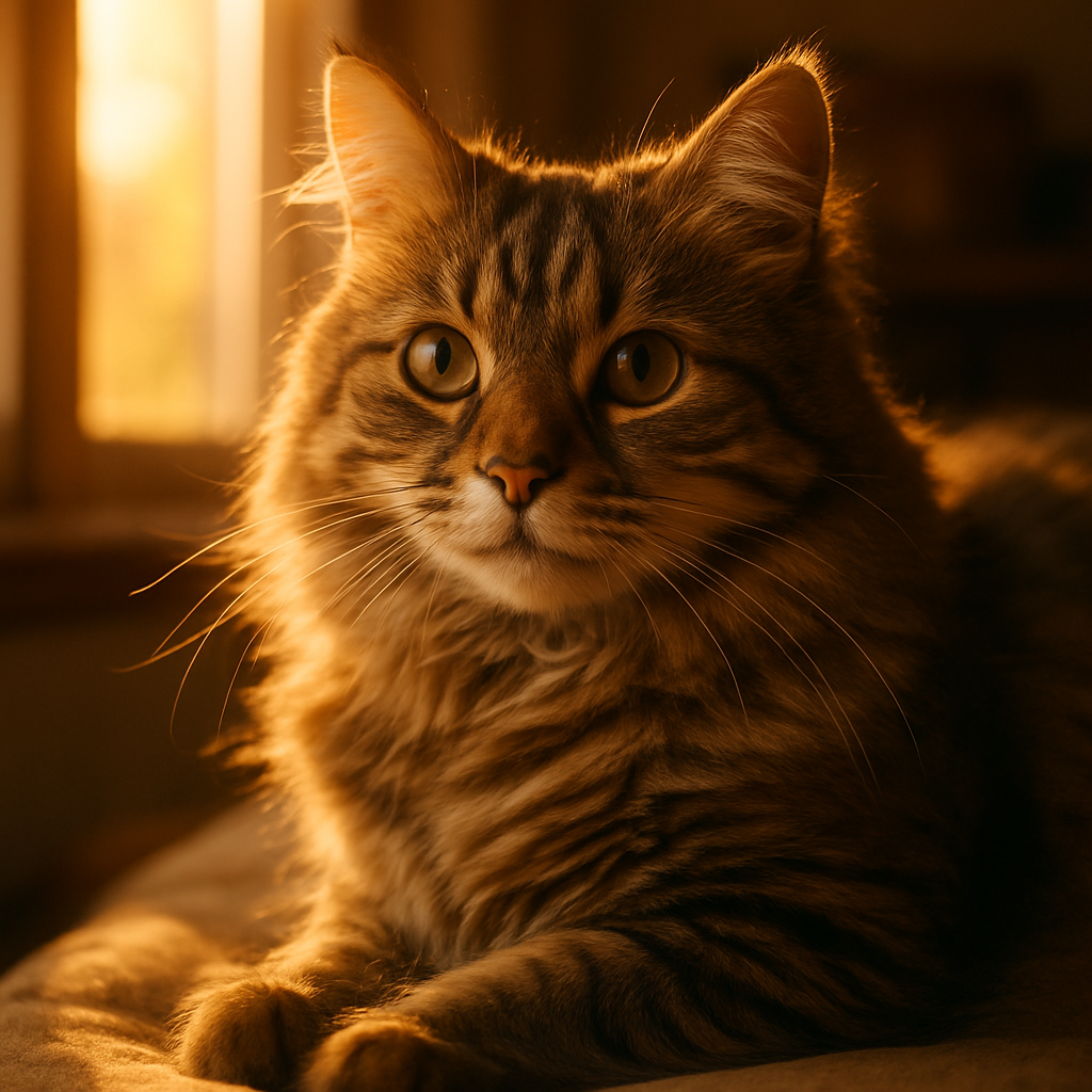 Fluffy tabby cat bathing in morning sunlight