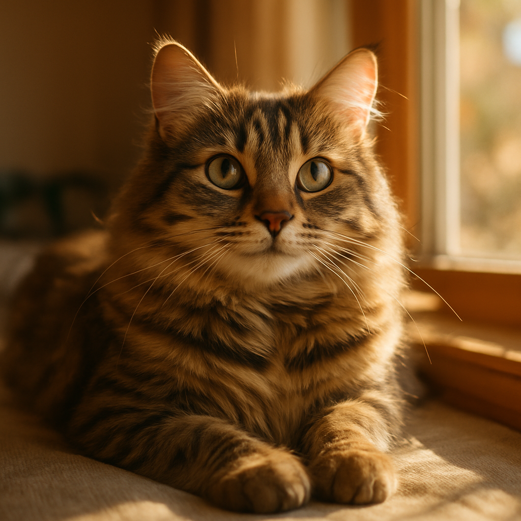 A tabby cat lounging in a sunny window.